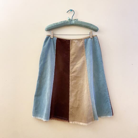 Vintage 90s Ruth Corduroy Patchwork Midi Skirt Striped Cotton Brown Blue - Picture 5 of 11